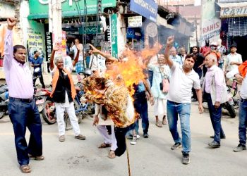 वीरगंजमा ओलीको पुत्ला दहन